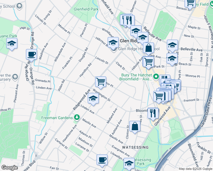 map of restaurants, bars, coffee shops, grocery stores, and more near 74 Winsor Place in Glen Ridge