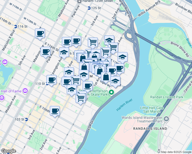 map of restaurants, bars, coffee shops, grocery stores, and more near 343 East 115th Street in New York