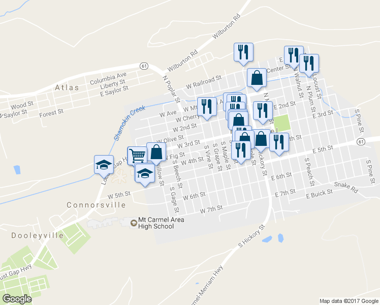 map of restaurants, bars, coffee shops, grocery stores, and more near 300 West Fig Street in Mount Carmel