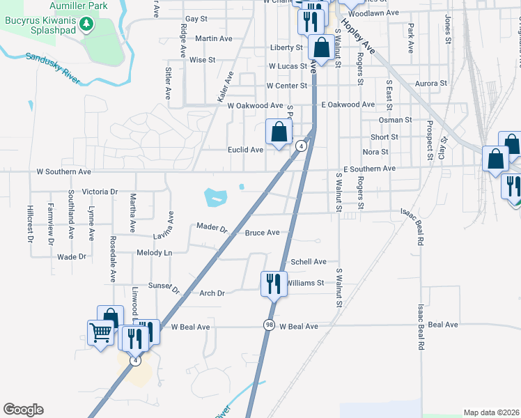 map of restaurants, bars, coffee shops, grocery stores, and more near 1130 Marion Road in Bucyrus