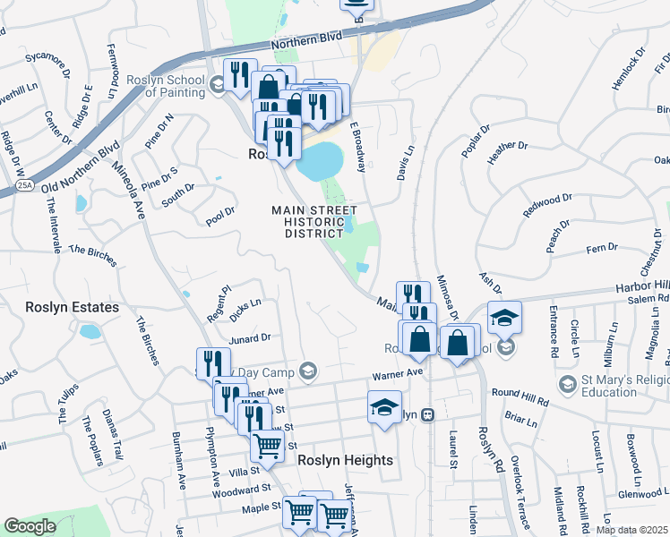 map of restaurants, bars, coffee shops, grocery stores, and more near 180 Main Street in Roslyn