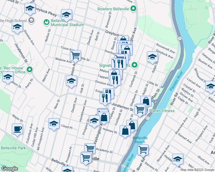 map of restaurants, bars, coffee shops, grocery stores, and more near 21 Division Avenue in Belleville