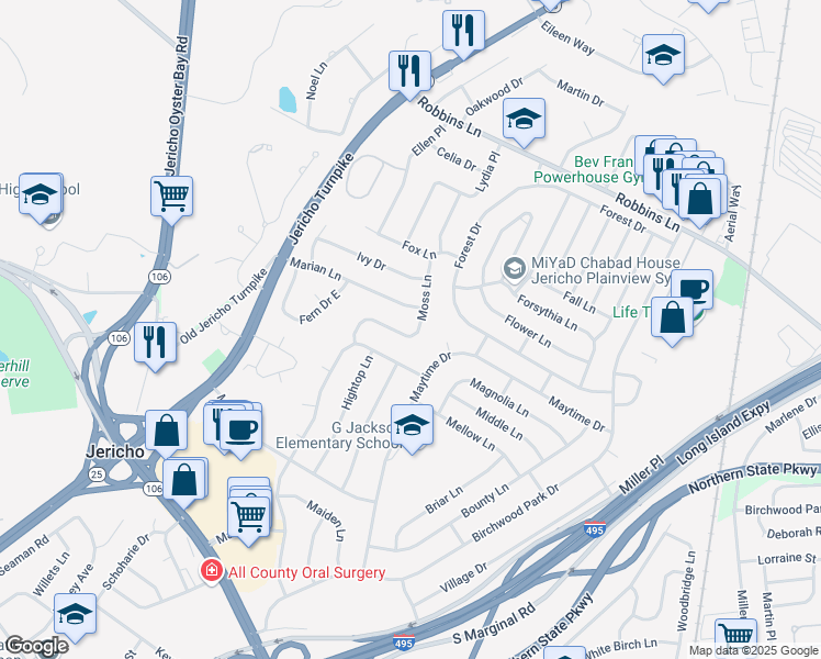 map of restaurants, bars, coffee shops, grocery stores, and more near 35 Moss Lane in Jericho