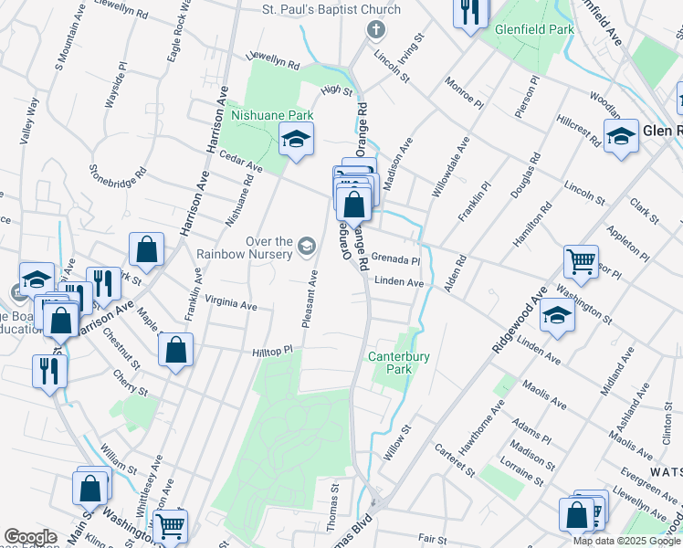 map of restaurants, bars, coffee shops, grocery stores, and more near 340 Orange Road in Montclair