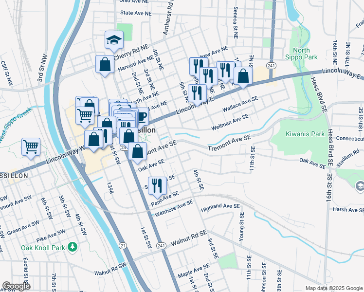 map of restaurants, bars, coffee shops, grocery stores, and more near 226 3rd Street Southeast in Massillon