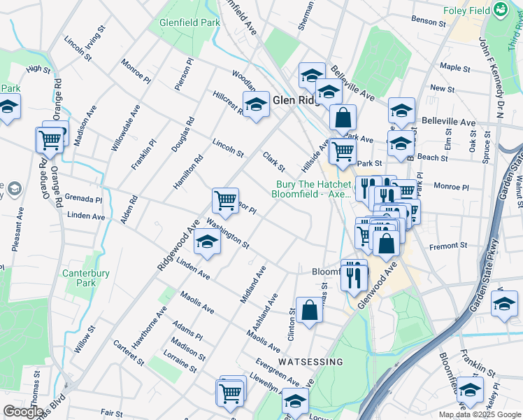 map of restaurants, bars, coffee shops, grocery stores, and more near 54 Hillside Avenue in Glen Ridge