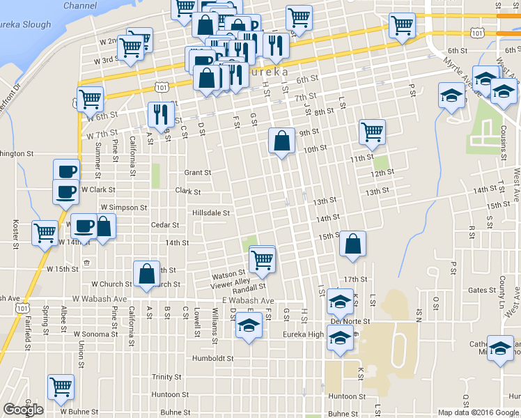 map of restaurants, bars, coffee shops, grocery stores, and more near 555 13th Street in Eureka