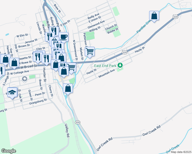 map of restaurants, bars, coffee shops, grocery stores, and more near 401 Mountain Avenue in Tamaqua