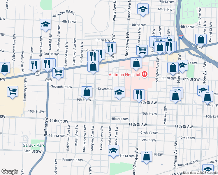 map of restaurants, bars, coffee shops, grocery stores, and more near 644 Ingram Avenue Southwest in Canton
