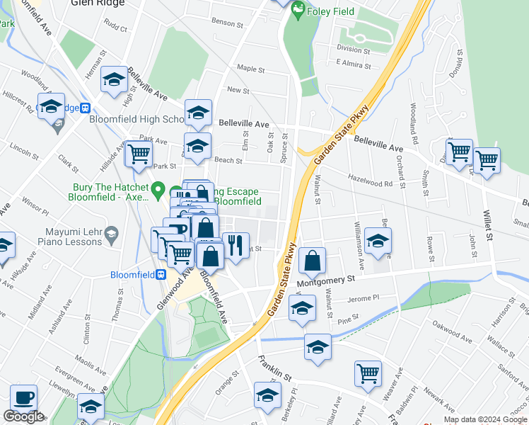 map of restaurants, bars, coffee shops, grocery stores, and more near 177 Liberty Street in Bloomfield