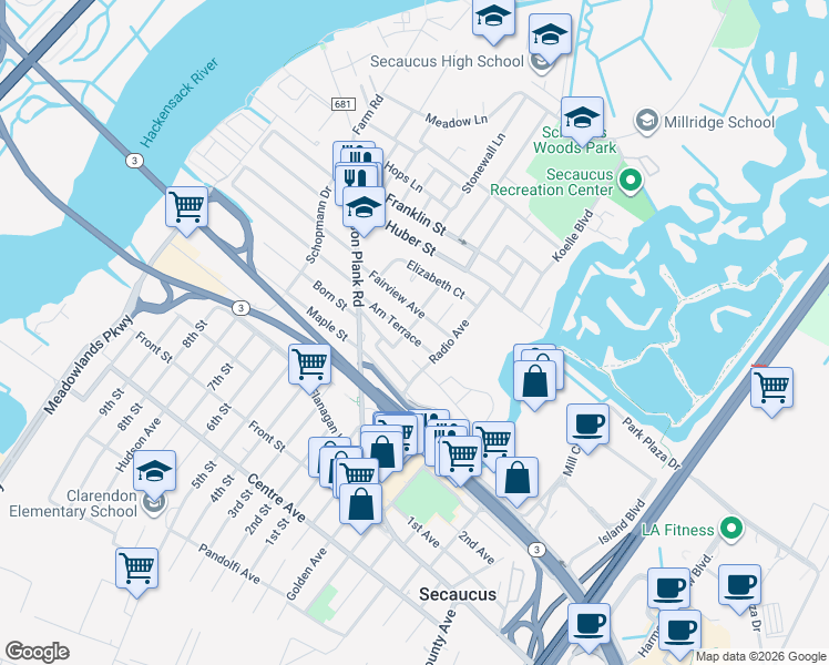 map of restaurants, bars, coffee shops, grocery stores, and more near 6 Kroll Terrace in Secaucus