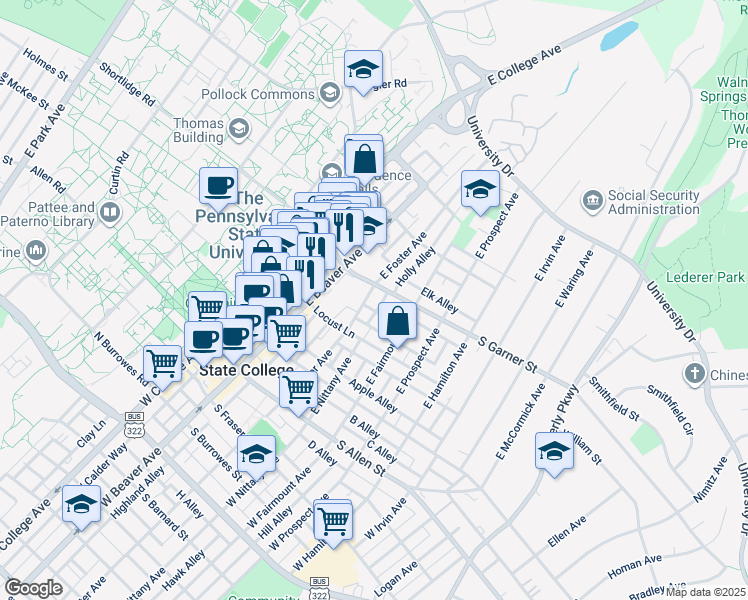 map of restaurants, bars, coffee shops, grocery stores, and more near 303 Fraternity Row in State College