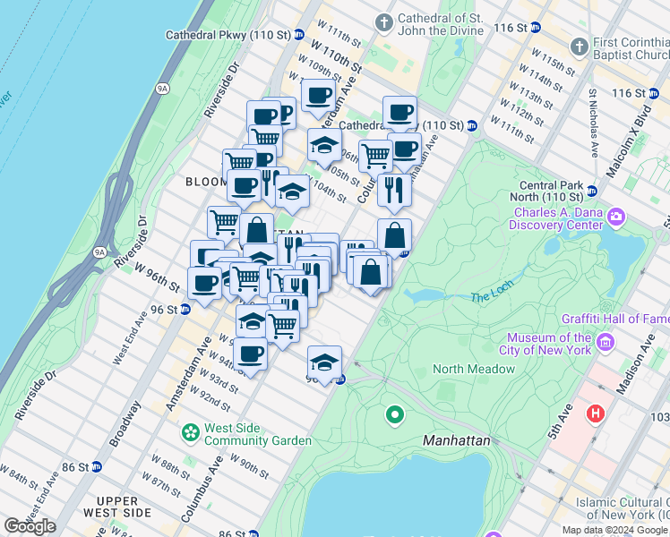 map of restaurants, bars, coffee shops, grocery stores, and more near 825 Columbus Avenue in New York