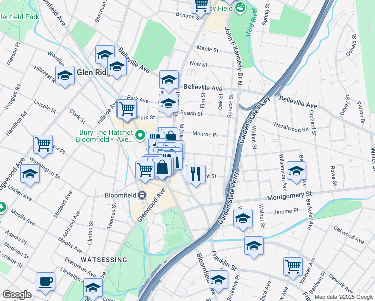 map of restaurants, bars, coffee shops, grocery stores, and more near 229 Liberty Street in Bloomfield