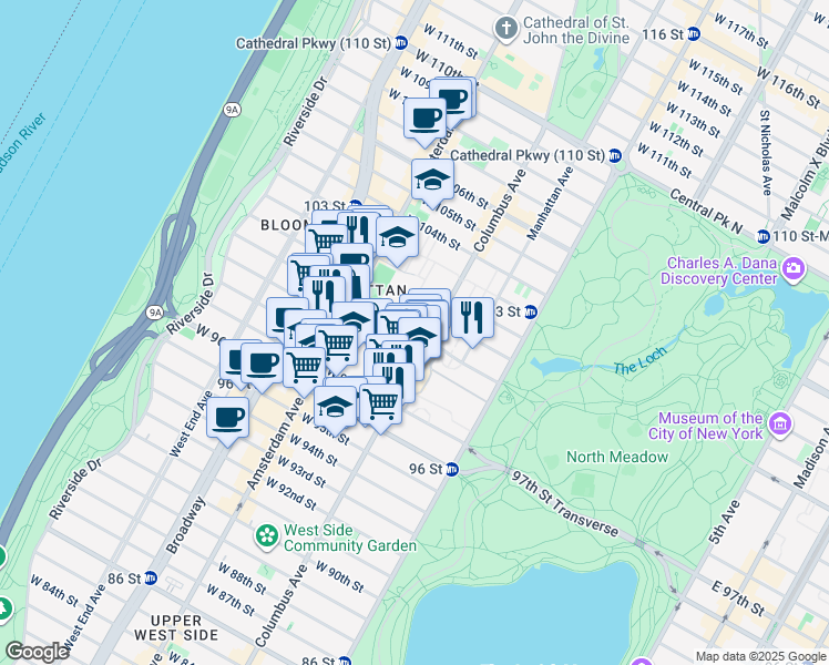 map of restaurants, bars, coffee shops, grocery stores, and more near 110 West 100th Street in New York