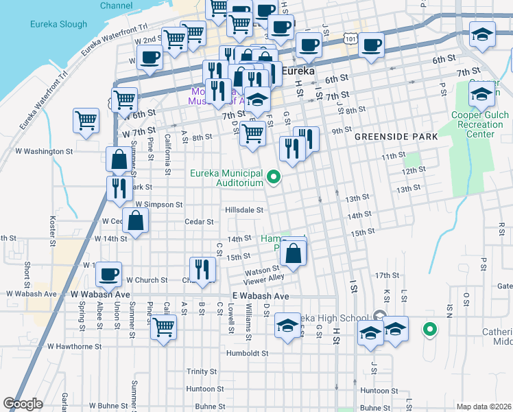 map of restaurants, bars, coffee shops, grocery stores, and more near 295 Hillsdale Street in Eureka