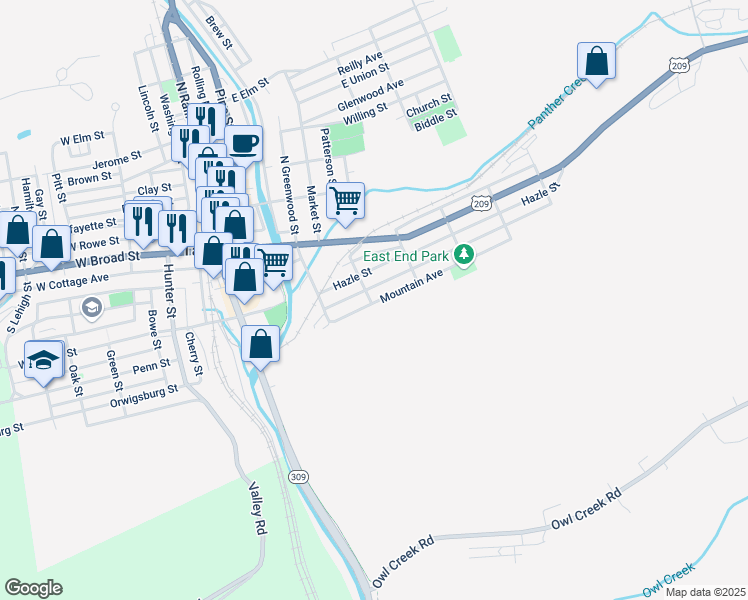 map of restaurants, bars, coffee shops, grocery stores, and more near 401 Mountain Avenue in Tamaqua