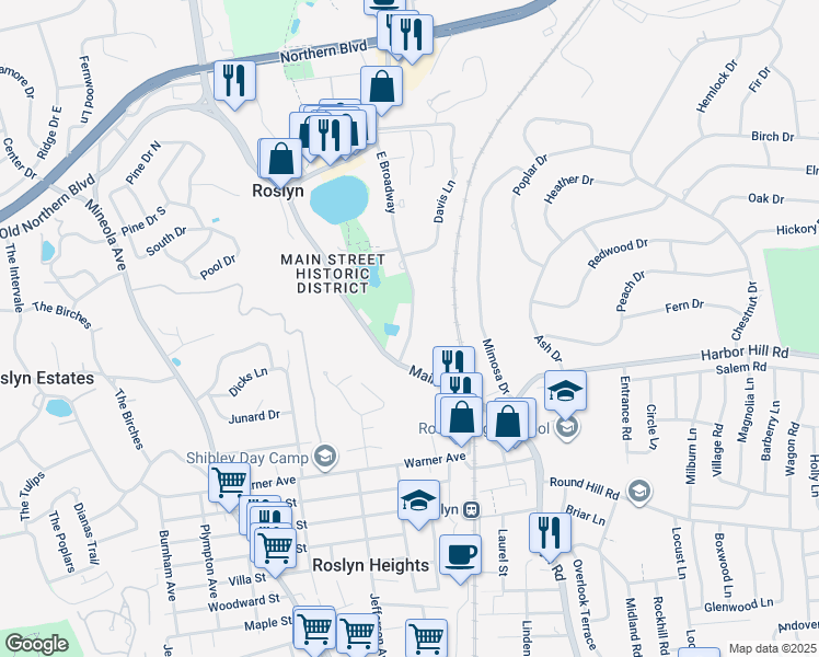 map of restaurants, bars, coffee shops, grocery stores, and more near 215 Main Street in Roslyn