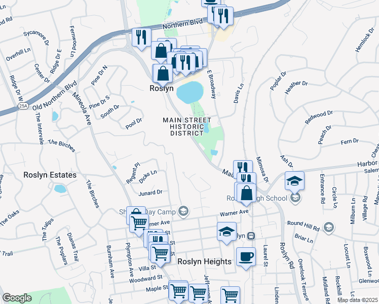 map of restaurants, bars, coffee shops, grocery stores, and more near 180 Main Street in Roslyn