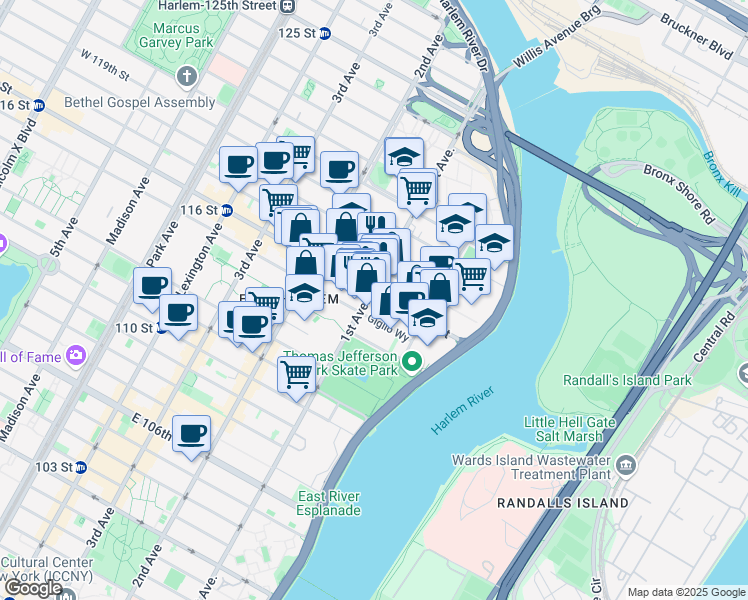 map of restaurants, bars, coffee shops, grocery stores, and more near 414 East 116th Street in New York