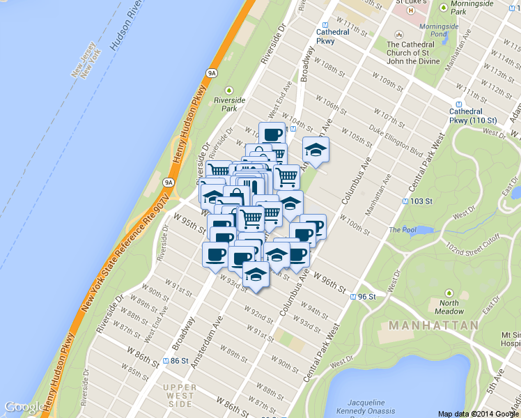 map of restaurants, bars, coffee shops, grocery stores, and more near in New York