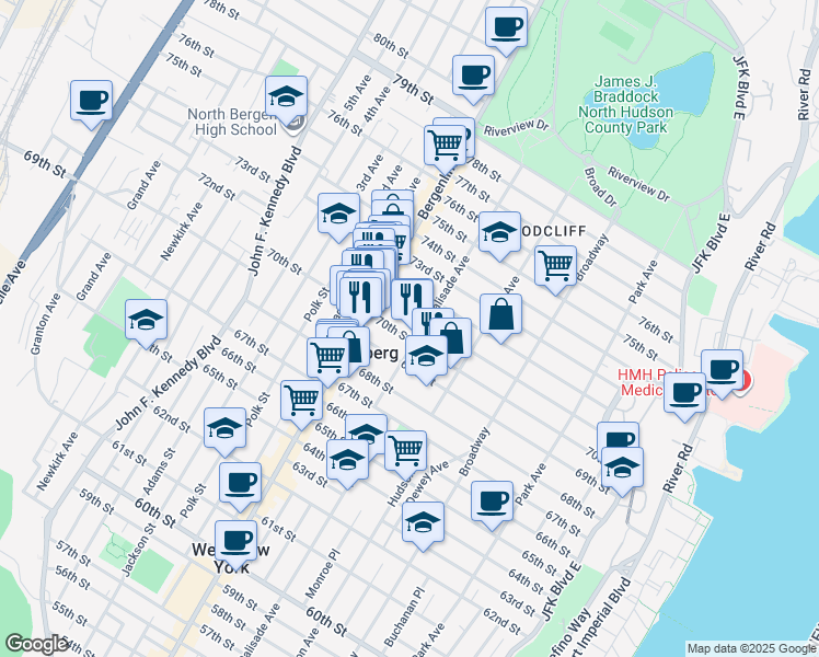 map of restaurants, bars, coffee shops, grocery stores, and more near 7012 Palisade Avenue in Guttenberg