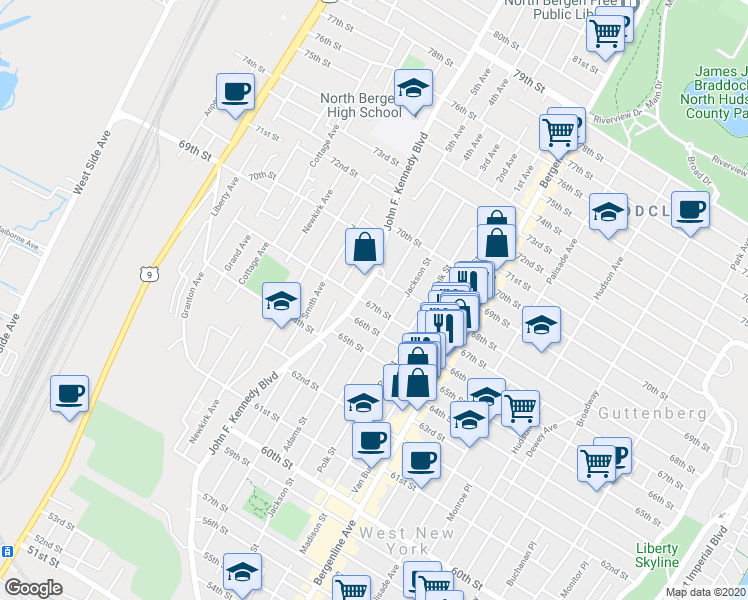 map of restaurants, bars, coffee shops, grocery stores, and more near 683 67th Street in West New York