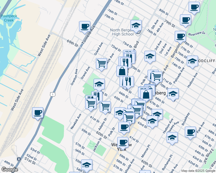 map of restaurants, bars, coffee shops, grocery stores, and more near 6513 Bergenwood Avenue in North Bergen