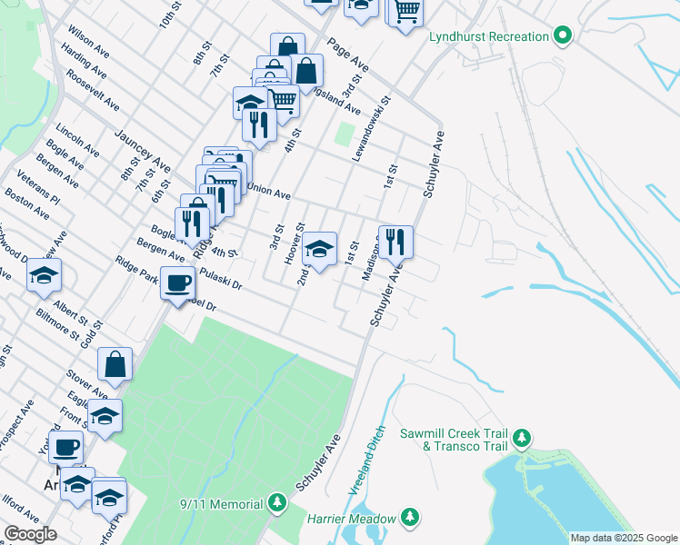 map of restaurants, bars, coffee shops, grocery stores, and more near 65 1st Street in North Arlington