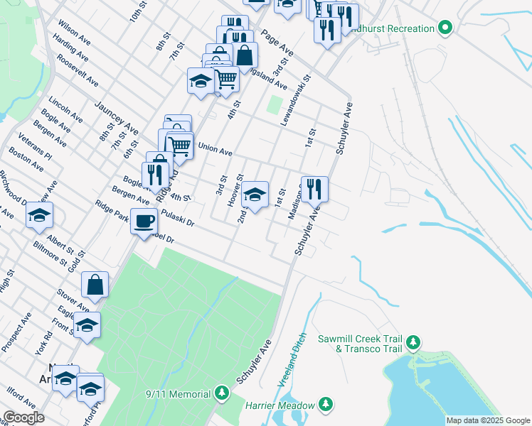 map of restaurants, bars, coffee shops, grocery stores, and more near 65 1st Street in North Arlington