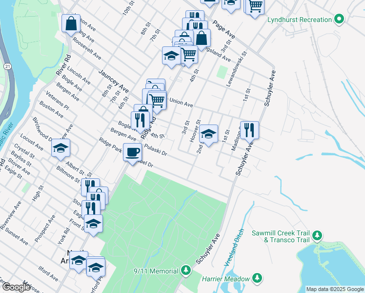 map of restaurants, bars, coffee shops, grocery stores, and more near 81 Hoover Street in North Arlington