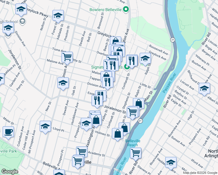 map of restaurants, bars, coffee shops, grocery stores, and more near 433 Washington Avenue in Belleville