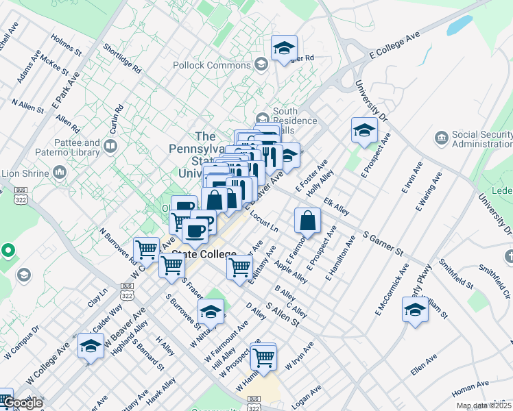 map of restaurants, bars, coffee shops, grocery stores, and more near 229 Locust Lane in State College