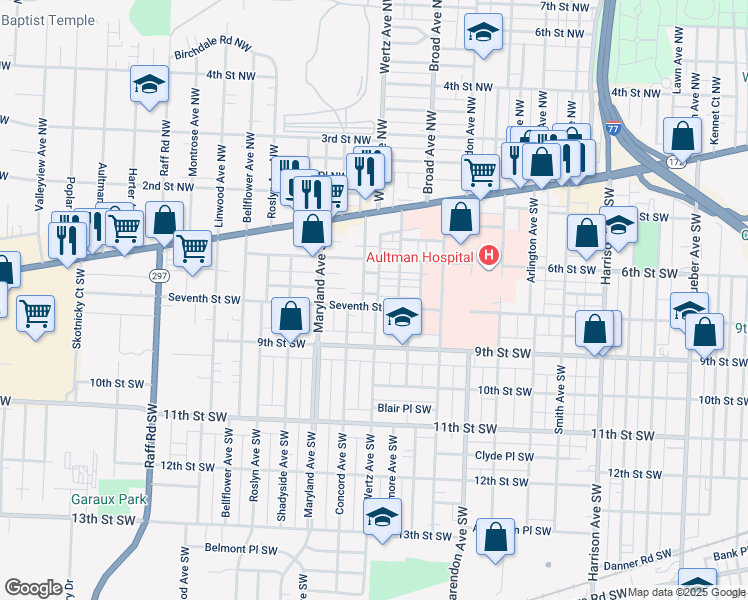 map of restaurants, bars, coffee shops, grocery stores, and more near 644 Ingram Avenue Southwest in Canton