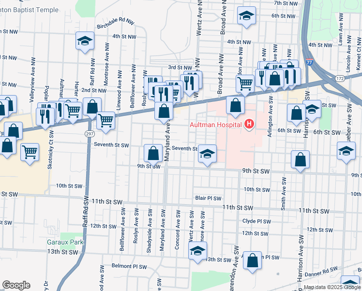 map of restaurants, bars, coffee shops, grocery stores, and more near 3041 Seventh Street Southwest in Canton
