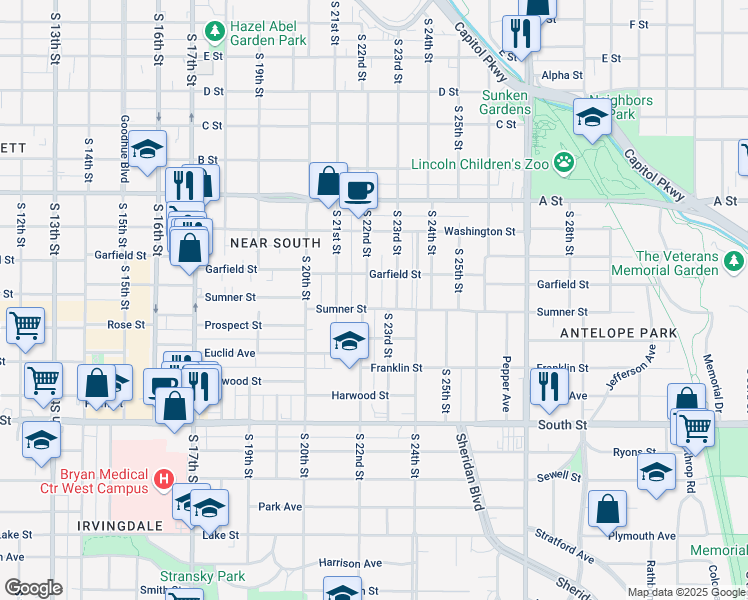 map of restaurants, bars, coffee shops, grocery stores, and more near 1651 South 23rd Street in Lincoln