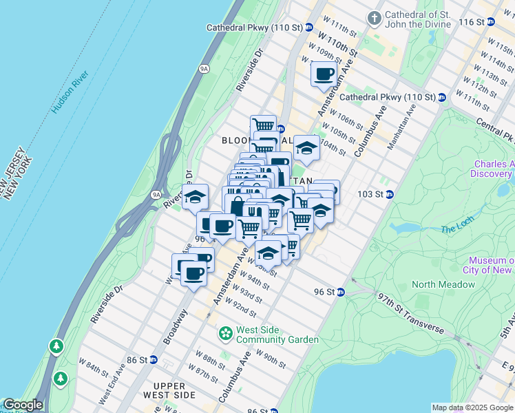 map of restaurants, bars, coffee shops, grocery stores, and more near 215 West 98th Street in New York