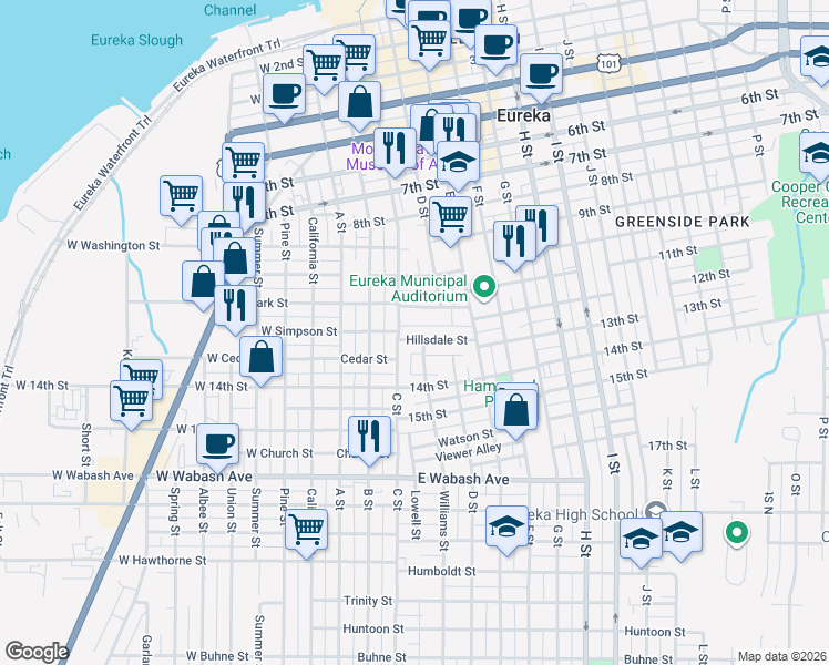 map of restaurants, bars, coffee shops, grocery stores, and more near 204 Hillsdale Street in Eureka