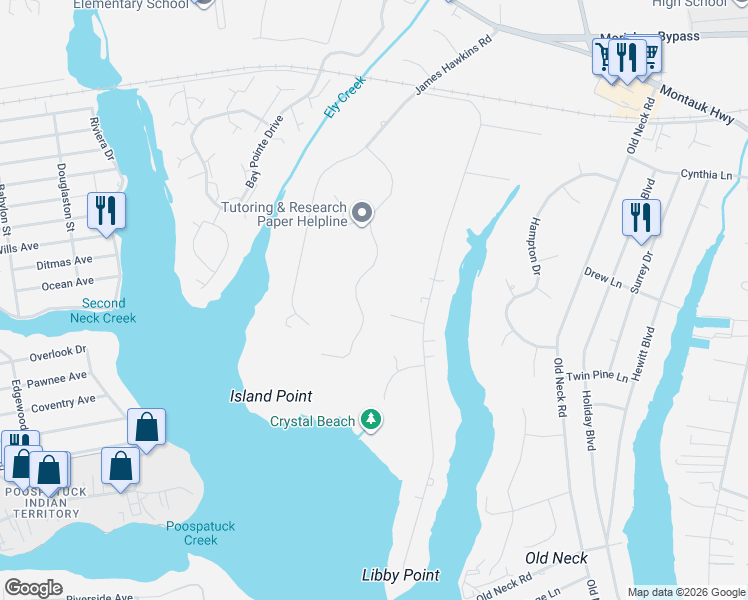 map of restaurants, bars, coffee shops, grocery stores, and more near 43 Paige Lane in Moriches