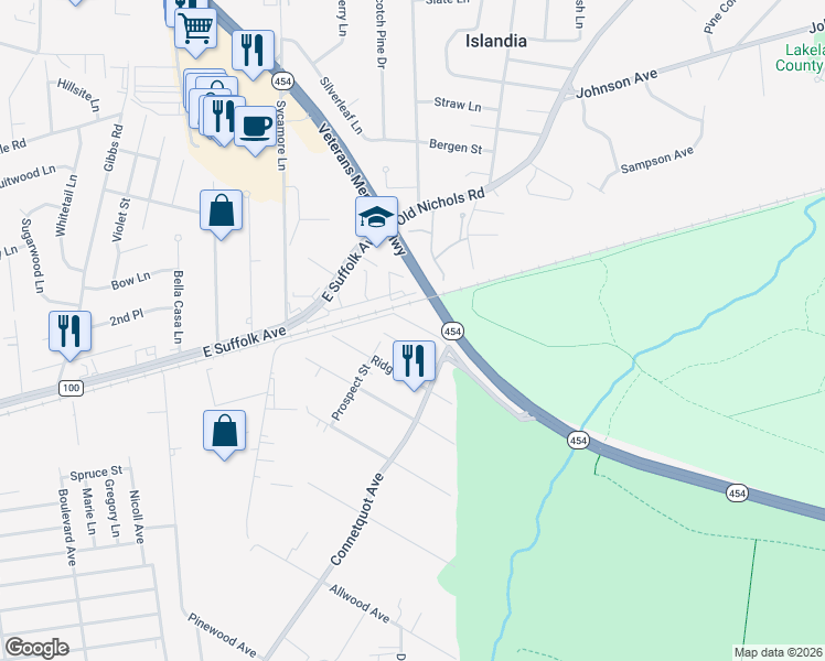 map of restaurants, bars, coffee shops, grocery stores, and more near 35 Pine-Edge Avenue in Central Islip