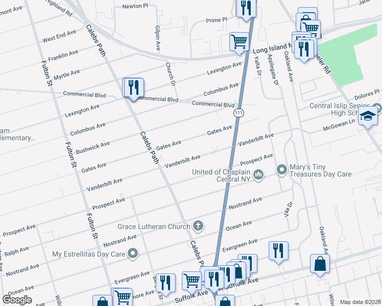 map of restaurants, bars, coffee shops, grocery stores, and more near 81 Vanderbilt Avenue in Central Islip
