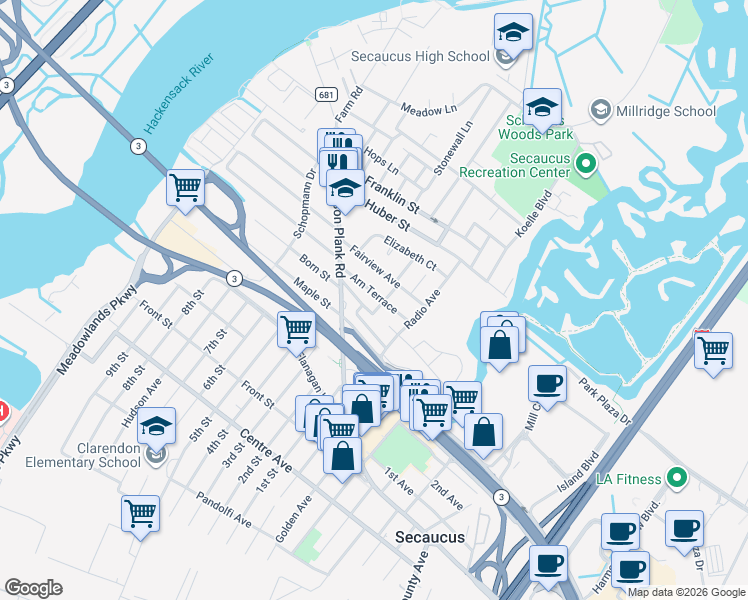 map of restaurants, bars, coffee shops, grocery stores, and more near 6 Kroll Terrace in Secaucus