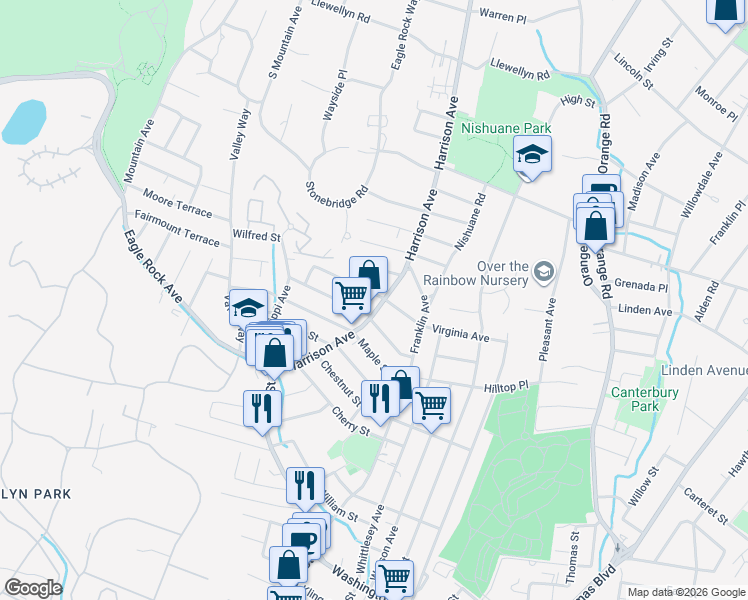 map of restaurants, bars, coffee shops, grocery stores, and more near 47 Kirk Street in West Orange