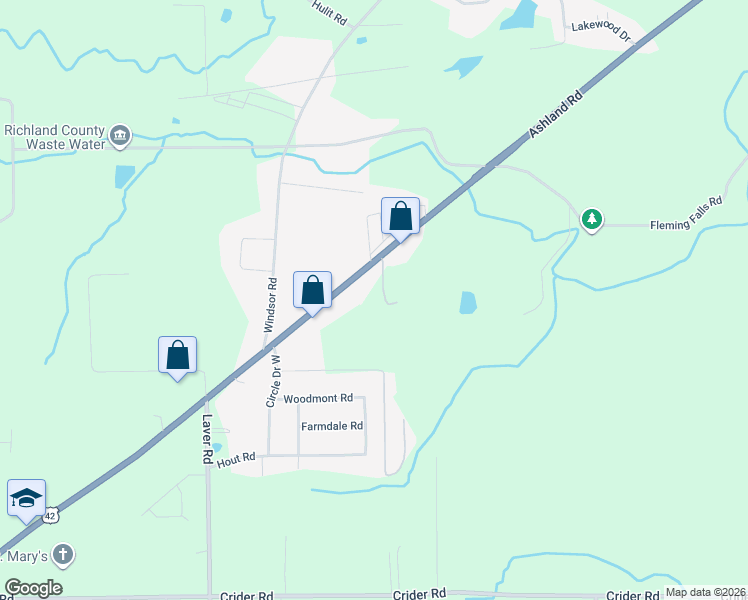 map of restaurants, bars, coffee shops, grocery stores, and more near 2040 Ashland Road in Mansfield