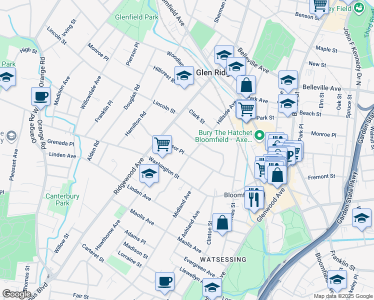 map of restaurants, bars, coffee shops, grocery stores, and more near 54 Hillside Avenue in Glen Ridge