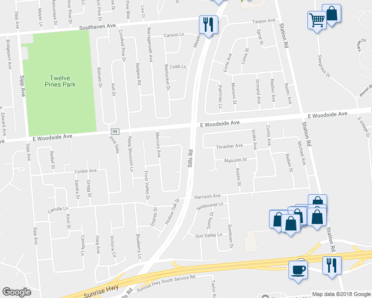 map of restaurants, bars, coffee shops, grocery stores, and more near 76 Mercury Avenue in Patchogue
