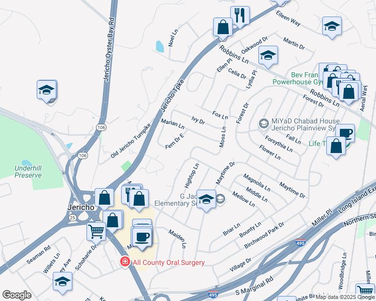 map of restaurants, bars, coffee shops, grocery stores, and more near 123 Hazelwood Drive in Jericho