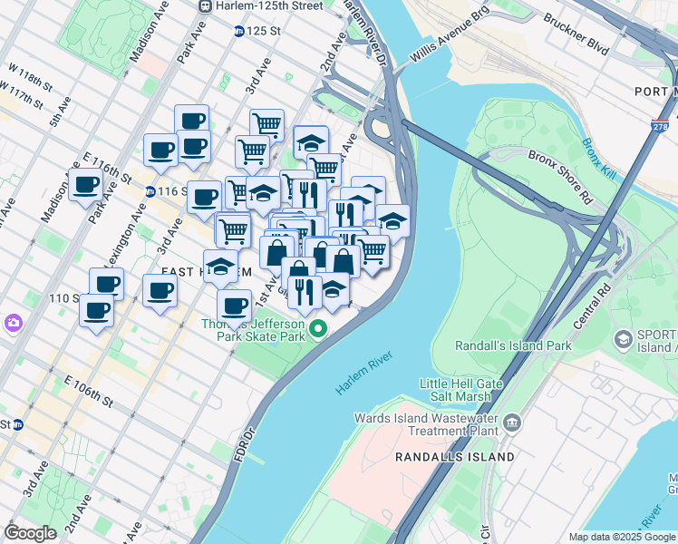 map of restaurants, bars, coffee shops, grocery stores, and more near E 117th St & Pleasant Ave in New York