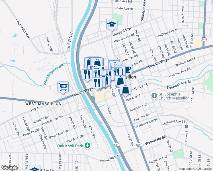 map of restaurants, bars, coffee shops, grocery stores, and more near 155 US 30 in Massillon
