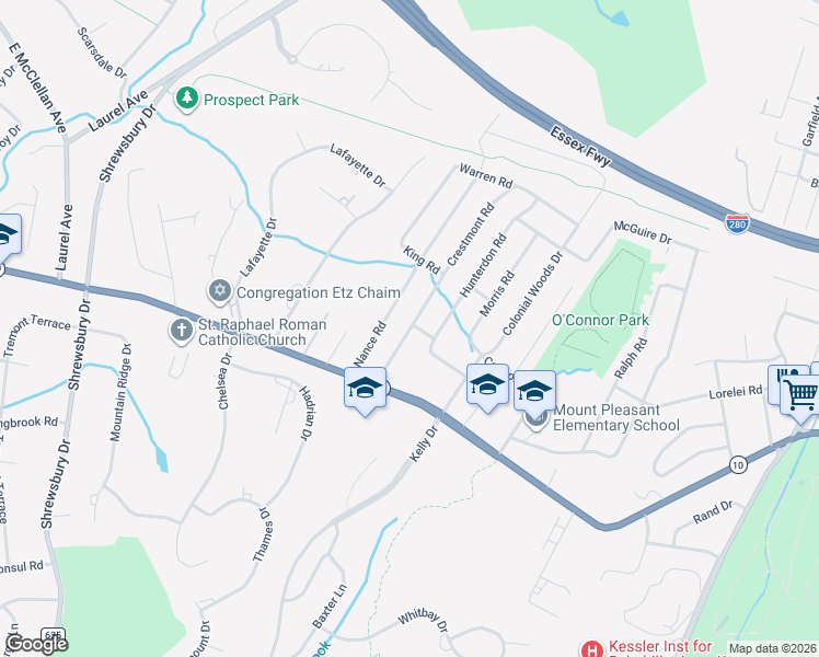 map of restaurants, bars, coffee shops, grocery stores, and more near 24 Westover Terrace in West Orange
